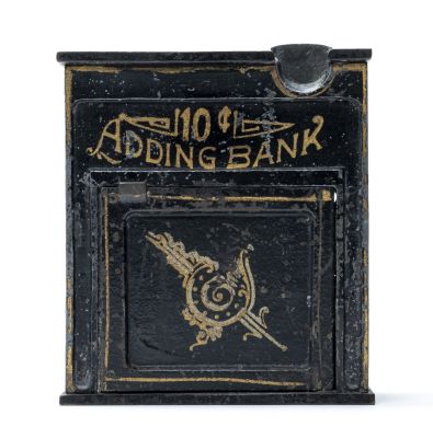 10 Cent Adding Bank. Designed by Issac Pforzheimer - 1889. Insert dimes until $10 is registered 