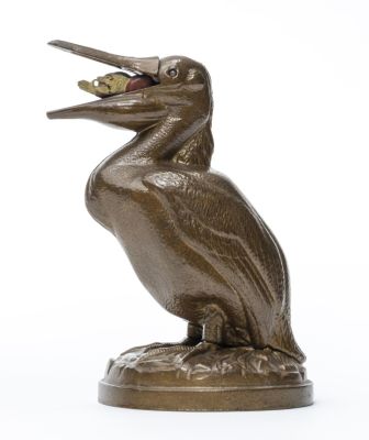 Pelican Man Thumbs Nose Iron Mechanical Bank. Trenton Lock Co. Trenton, NJ -1878 Pristine Condition