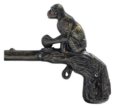 Monkey & Coconut Cap Pistol. J. &amp; E. Stevens Company. Pat.'d 1878 - 4 1/2" Long. Absolute 