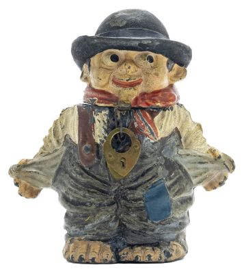 Boy with Empty Pockets Spelter Bank. Germany - Circa 1920's. Andy Moore Collection. Excellent 