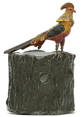 Golden Pheasant on Tree Stump Spelter Bank. German - 1925 - 4.25" Tall PGSB #158. We have never 