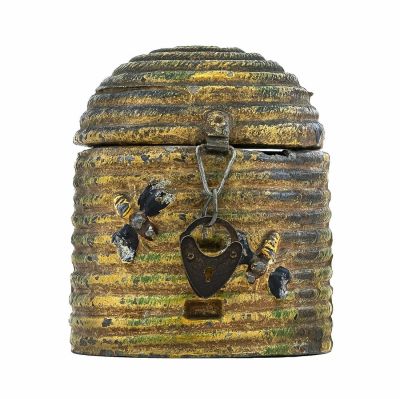 Beehive Spelter Bank. German - 1920 - 2.625" Tall. PGSB #505 Andy &amp; Susan Moore Collection.
