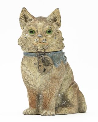 Seated Cat with Bow Spelter Bank. German - 1930 - 3.875" Tall. This is a scarce "E" rated cat 