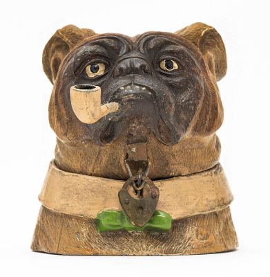 Bulldog Bust with Pipe Spelter Bank. German - 1930 - 3.125" Tall. A far superior example of the bank.