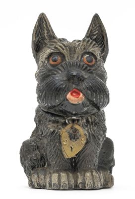 Scottie Seated Spelter Bank. German - 1930. 4" Tall. Reference: PGSB #223-B Near. Banks do not 