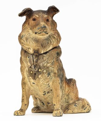 Seated Collie Spelter Bank. German - 1925 - 4.375" Tall. A scarce and desirable German spelter bank.