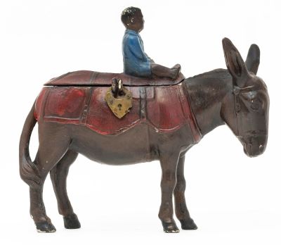 Mule with Pack and Child Spelter Bank. German - 1930 - 4.5" Tall. Reference: PGSB #421. We have 