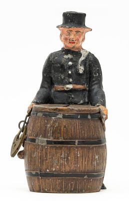 Chimney Sweep by Barrel Spelter Bank. German - 1920 - 4.25" Tall. This is a rare and very 