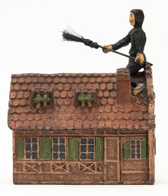 Chimney Sweep on Rooftop Spelter Bank. German - 1925 - 3.375" Tall. Reference: PGSB #648. A very 