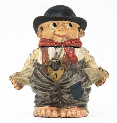 Boy with Empty Pockets Spelter Bank. German - 1925 - 3.875" Tall. Reference: PGSB #570-A. This 