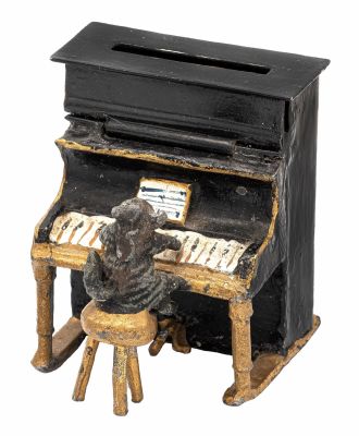 Cat Playing a Piano Spelter Bank. German - 1925 - 2.125" Tall. One of the most diminutive German 