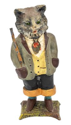 Dapper Cat with Staff Spelter Bank. German - 1920 - 7.5" Tall. Reference: PGSB #221-B. This is 