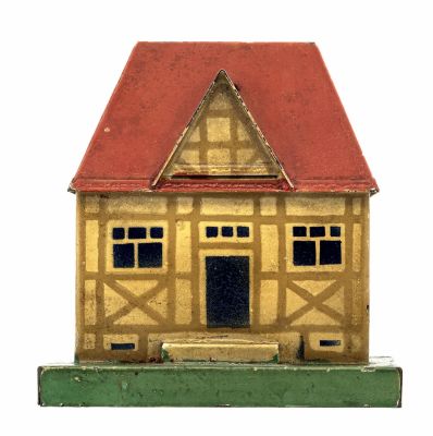 Village Cottage Tin Bank. Made by Kibri. Germany - Circa 1925 3 5/8" W x 3" D x 4" T. From Donal 