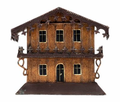 Ornate Chalet Tin Bank. Made by Gebruder Bing. Nuremberg - Circa 1910's. 4 1/4" W x 3" D x 3 