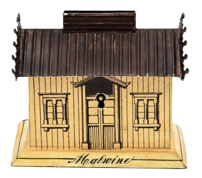 Malwine Train Station Tin Bank. Made by Gebruder Bing. Nuremberg - Circa 1910's. 4 1/4" W x 2 