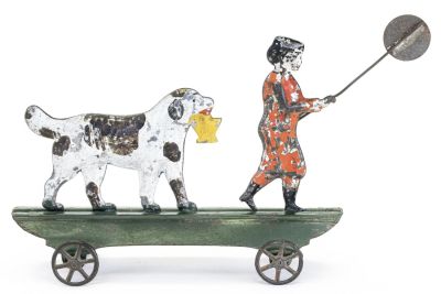 Dog with Basket & Boy with Balloon American Tin Toy. James Fallows Company. Philadelphia, PA - 