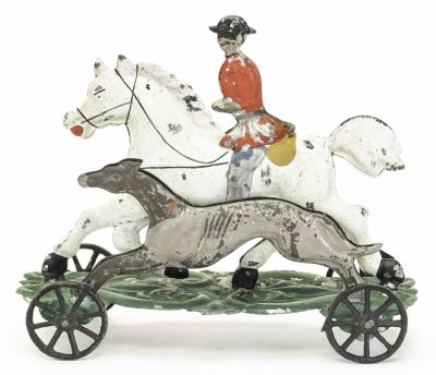 Squire with Running Greyhound Tin Toy. George Brown Company. Forestville, CT - 1875 - 6.5" Long. 