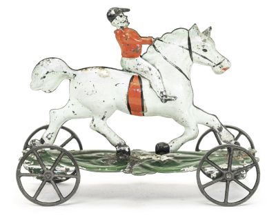 Horse and Jockey American Tin Toy. Merriam Mfg. Co. Durham, CT - 1875 - 7" Long. This is a far 