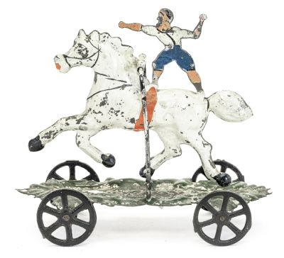 Acrobat on Horseback American Tin Toy. Articulated Action. Probably Hull &amp; Stafford. Clinton 