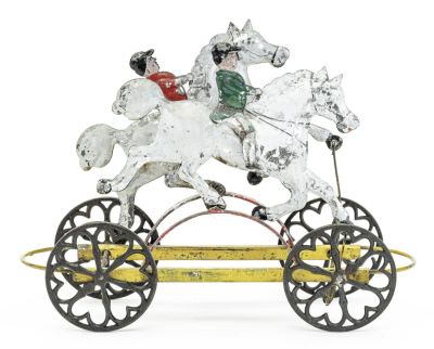 Double Gallopers American Tin Toy. Probably Merriam Mfg. Co. Durham, CT - 1880 - 8.5" Long. This 