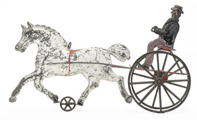 Sulky - Large with Driver - Tin Toy. George Brown Company. Forestville, CT - 1870's - 11.5" 