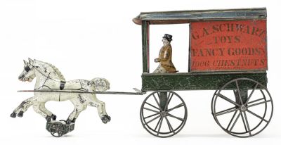"G. A. Schwarz" Fancy Goods & Toys Wagon, Tin Toy. George Brown Company. Forestville, CT - 1880 