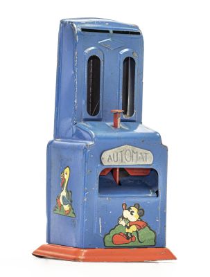Double Window Tin Vending Bank. German - 1920's. A scarce vending bank with paper decals. It is 