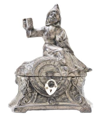 Munich Girl atop Keg Still Bank. German - 1930 - 5" Tall.
