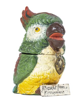 Cockatoo with Placard Spelter Bank. Germany - 1920's - 4" Tall. Illustrated as #134-C in PGSB. 