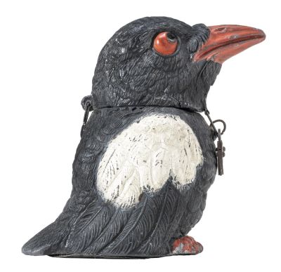 The Hill Myna Bird Spelter Bank. Germany - 1920's - 3 3/4" Tall. Finished solely in black, white 