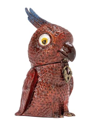 Crimson Red Cockatiel w/ Teal Blue Crest Feathers Bank. Germany - 1920's - 4 7/8" Tall. 