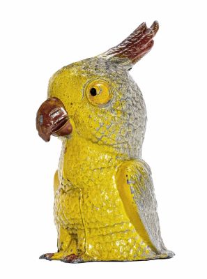 Gray and Yellow Cockatiel Spelter Bank. with Red Beak &amp; Crest Feathers. Germany - 1920's - 4 