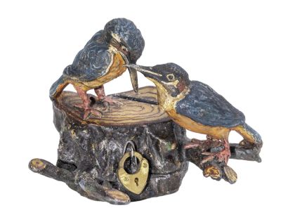 Kingfishers on Tree Stump Spelter Bank. Germany - 1920's - 3" Tall. Arguably, one of the cutest 