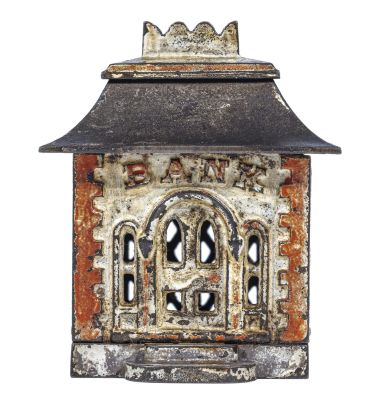 Home Bank, Small - Iron Bank. By J. &amp; E. Stevens Company. Cromwell, CT - 1875 - 3" Tall.