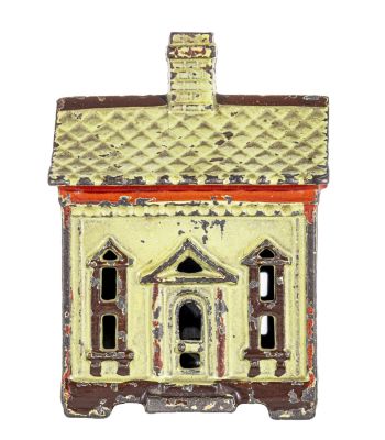 One Story House Iron Bank. By J. &amp; E. Stevens Company. Cromwell, CT - 1883 - 3 1/4" Tall.
