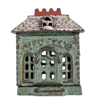 City Bank, Small - Iron Bank. By J. &amp; E. Stevens Company. Cromwell, CT - 1880 - 3" Tall.