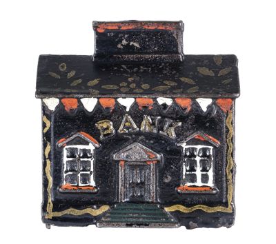 House with Chimney Slot - Iron Bank. Small Size. American - 1870's - 2 7/8" Tall.