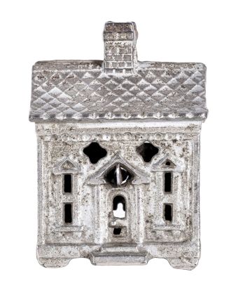 Quadrafoil House Iron Bank. Nickel Plated. Kenton Hardware Company. Kenton, OH - 1910 - 3" Tall.