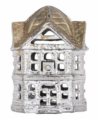 Six Sided Building Iron Bank. Two Stories. Grey Iron Casting Co. Mount Joy, PA - 1920 - 3 3/8" Tall.