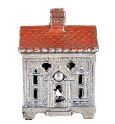 Quadrafoil House Iron Bank. Nickel Plated with Painted Roof. Arcade Mfg. Co. Freeport, IL - 1905 