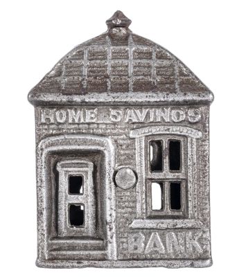 Home Savings Bank. Nickel Plated. J. &amp; E. Stevens Company. Cromwell, CT - 1891 - 3 3/8" 