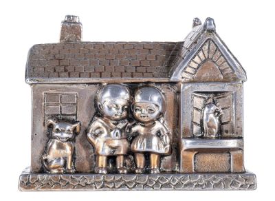 Silver Plated Cottage Still Bank. German - 1930's - 2 3/8" Tall.