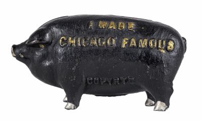 I Made Chicago Famous Iron bank. Pig - Small Version. J. M. Harper Chicago, IL - 1902 - 4 1/8" 