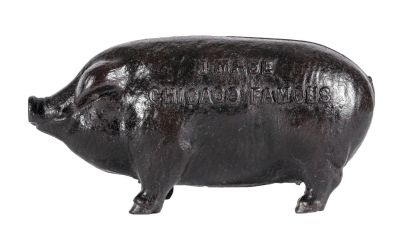 I Made Chicago Famous Iron bank. Pig - Large. J. M. Harper Chicago, IL - 1902 - 5 1/4" Long.