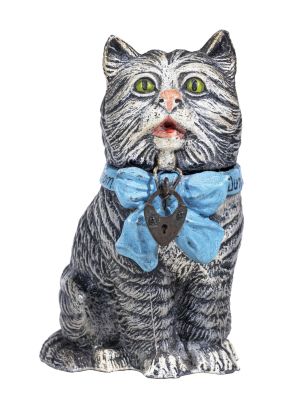 Cat with Blue Bow Spelter Bank. Collar reads "From Dunoon". German - 1925 - 4 1/4" Tall. 