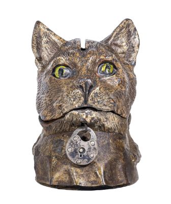 Cat Bust Spelter Bank. German - 1925 - 3 1/4" Tall. Condition: Excellent Plus Condition.