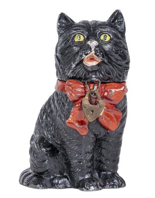 Black Cat with Red Bow Spelter Bank. German - 1925 - 4 1/4" Tall. Condition: Pristine Condition.