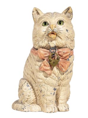 Seated Cat with Bow Spelter Bank. Large Size - Glass Eyes. German - 1925 - 5 1/2" Tall. 