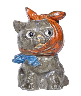 Cat with Toothache Spelter Bank. German - 1925 - 4 1/8" Tall. Condition: Excellent Plus Condition.