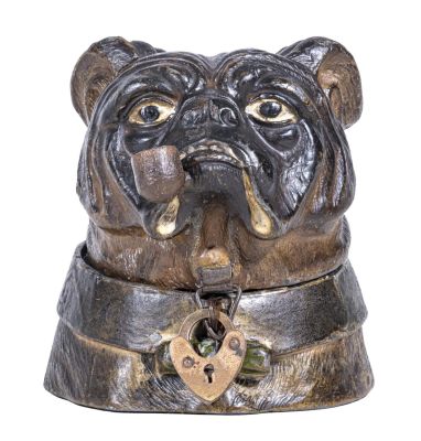 Bulldog with Pipe Bust Spelter Bank. German - 1925 - 3" Tall. Condition: Excellent Condition.